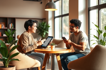 Sesión de coaching de citas con dos personas conversando en un café moderno y acogedor para empezar mejores chats hoy