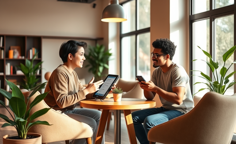 Sesión de coaching de citas con dos personas conversando en un café moderno y acogedor para empezar mejores chats hoy
