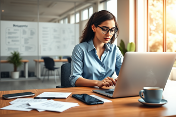 Profesional joven trabajando en oficina moderna redactando mensajes de venta efectivos para conseguir más respuestas.