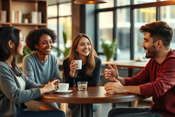 Grupo diverso conversando animadamente en café cálido, demostrando técnicas de seducción para conversaciones interesantes