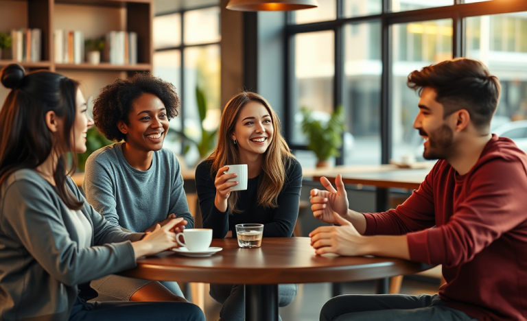 Grupo diverso conversando animadamente en café cálido, demostrando técnicas de seducción para conversaciones interesantes