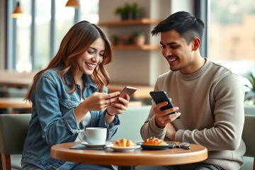 Dos jóvenes en una cafetería moderna usando apps de citas en sus teléfonos, mostrando una conversación natural y amena.