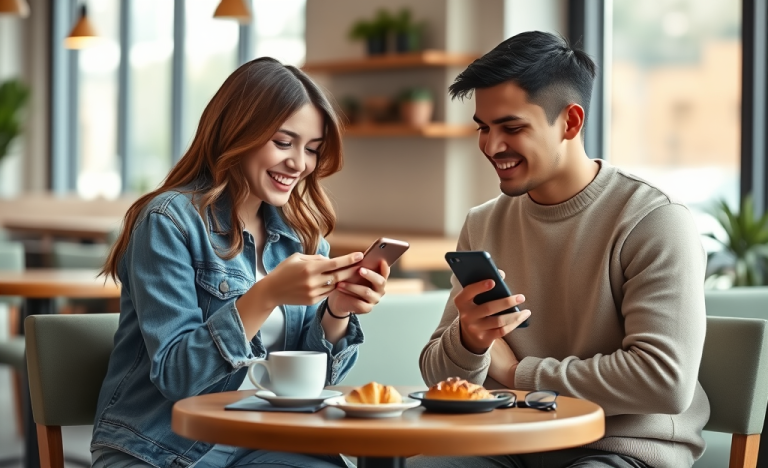 Dos jóvenes en una cafetería moderna usando apps de citas en sus teléfonos, mostrando una conversación natural y amena.