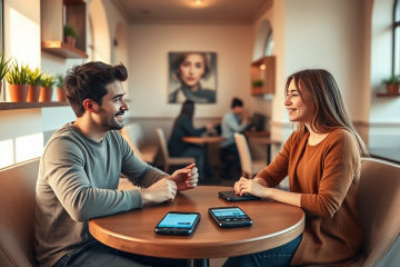 Pareja joven conversando atentamente en una cafetería moderna para una conversación efectiva en apps de citas