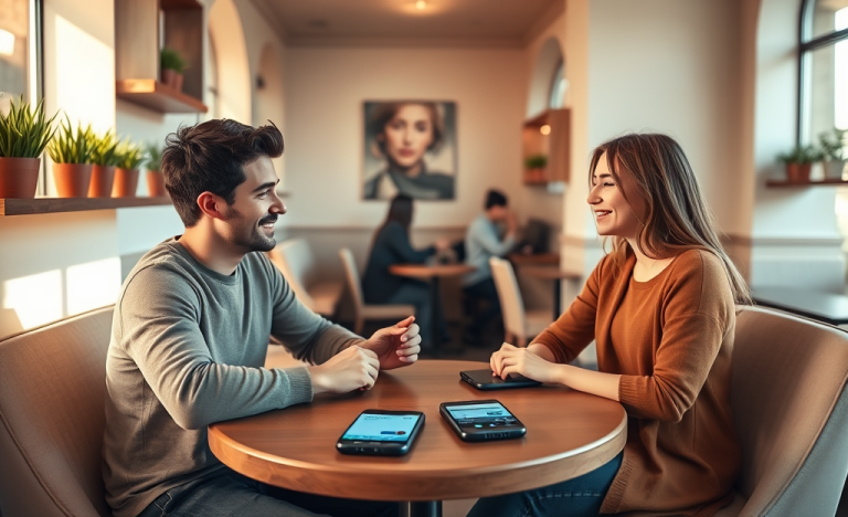 Pareja joven conversando atentamente en una cafetería moderna para una conversación efectiva en apps de citas