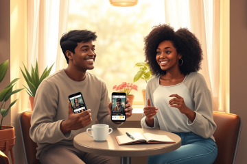 Dos jóvenes conversando y sonriendo en una cafetería cálida con sus teléfonos sobre la mesa después de un match en app de citas