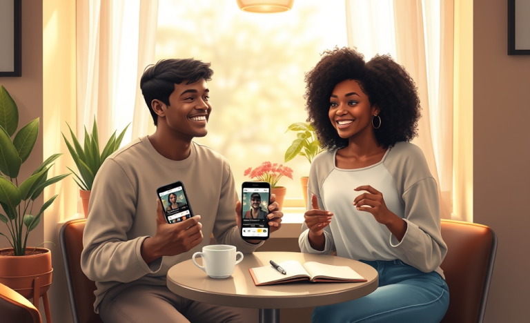 Dos jóvenes conversando y sonriendo en una cafetería cálida con sus teléfonos sobre la mesa después de un match en app de citas