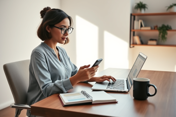 Mujer profesional en oficina moderna escribiendo una primera respuesta en app de citas para mejorar su estrategia de mensajes