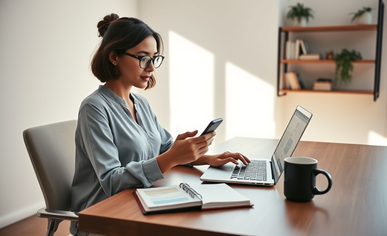 Mujer profesional en oficina moderna escribiendo una primera respuesta en app de citas para mejorar su estrategia de mensajes