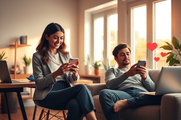 Joven mujer y hombre en apartamento moderno mejoran su perfil y revisan matches en apps de ligue con smartphones