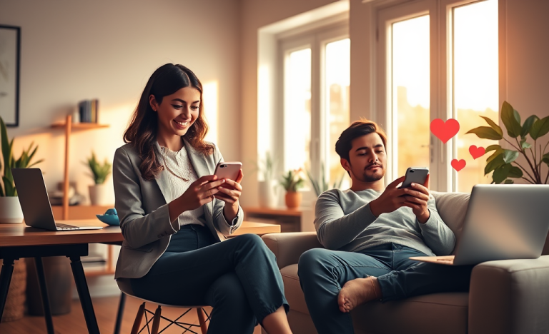 Joven mujer y hombre en apartamento moderno mejoran su perfil y revisan matches en apps de ligue con smartphones