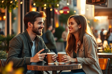 Dos personas conversando de manera natural en un café al aire libre, conectando con frases para iniciar una charla