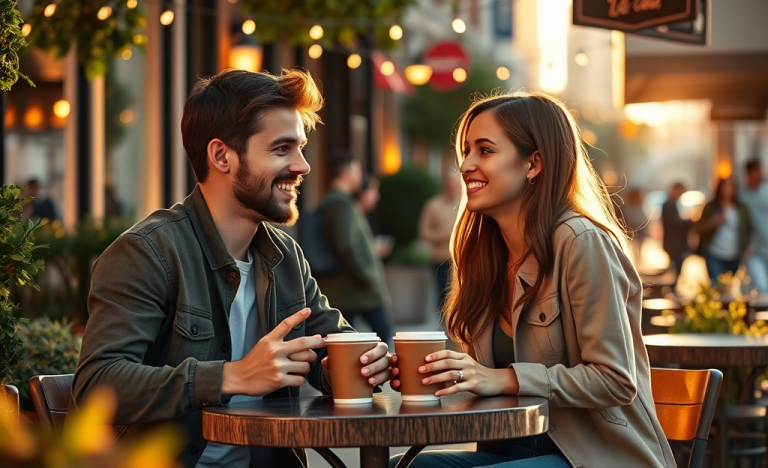 Dos personas conversando de manera natural en un café al aire libre, conectando con frases para iniciar una charla