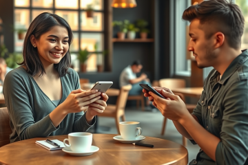 Joven pareja conversando en café usando apps de citas para ligar, ambiente cálido y moderno con luz natural