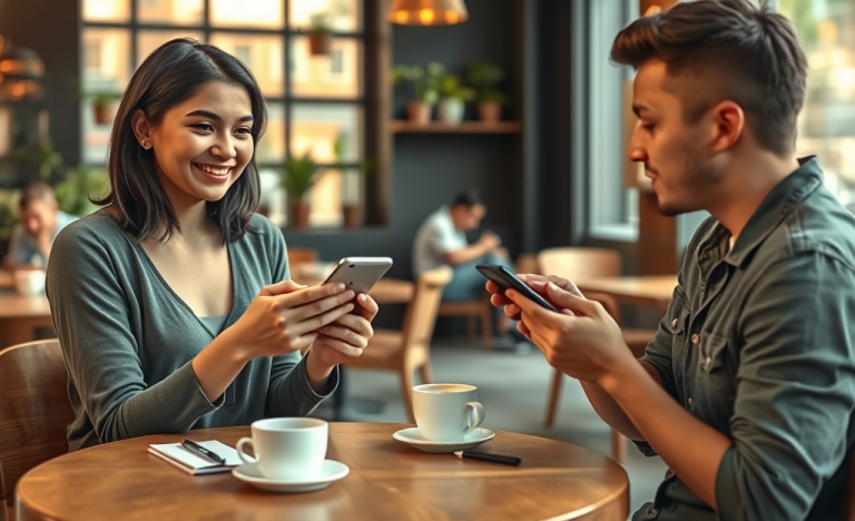 Joven pareja conversando en café usando apps de citas para ligar, ambiente cálido y moderno con luz natural