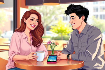 Pareja joven conversando animadamente en una cafetería estilo moderno, siguiendo consejos para conversar después del match y lograr más citas