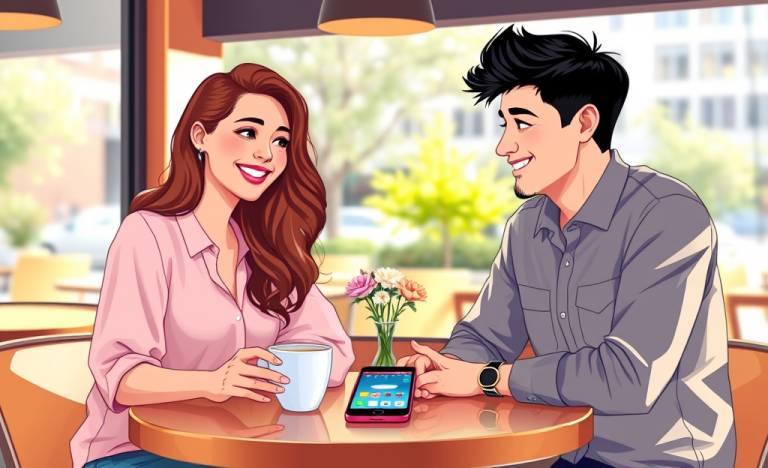Pareja joven conversando animadamente en una cafetería estilo moderno, siguiendo consejos para conversar después del match y lograr más citas