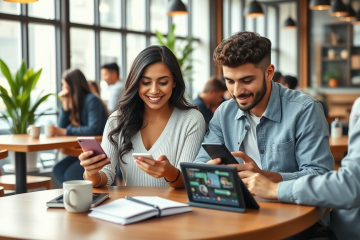 Jóvenes en café moderno usando aplicativos de relación para conseguir más conversaciones y conectar mejor en ambiente cálido y natural