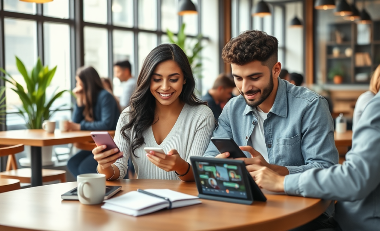 Jóvenes en café moderno usando aplicativos de relación para conseguir más conversaciones y conectar mejor en ambiente cálido y natural