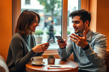 Jóvenes en una cafetería conversando mientras usan apps de citas, mejorando respuestas y matches en un ambiente cálido y moderno