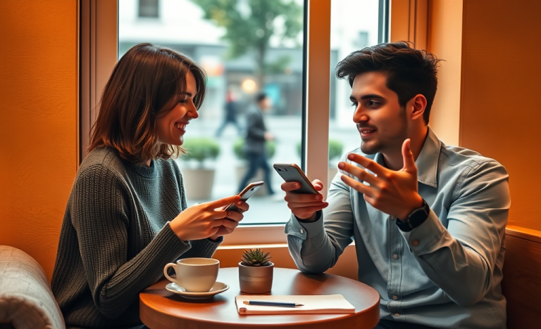 Jóvenes en una cafetería conversando mientras usan apps de citas, mejorando respuestas y matches en un ambiente cálido y moderno