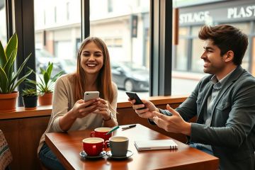 Dos jóvenes conversando animadamente con apps de citas en una cafetería cálida y moderna para evitar chats fríos y conectar mejor