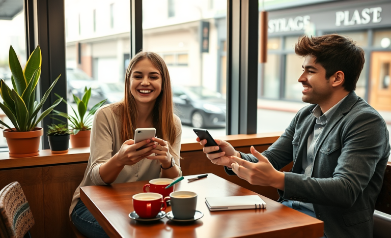 Dos jóvenes conversando animadamente con apps de citas en una cafetería cálida y moderna para evitar chats fríos y conectar mejor