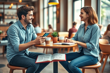 Pareja conversando animadamente en una cafetería moderna con frases para iniciar conversación y captar más interés en apps de citas