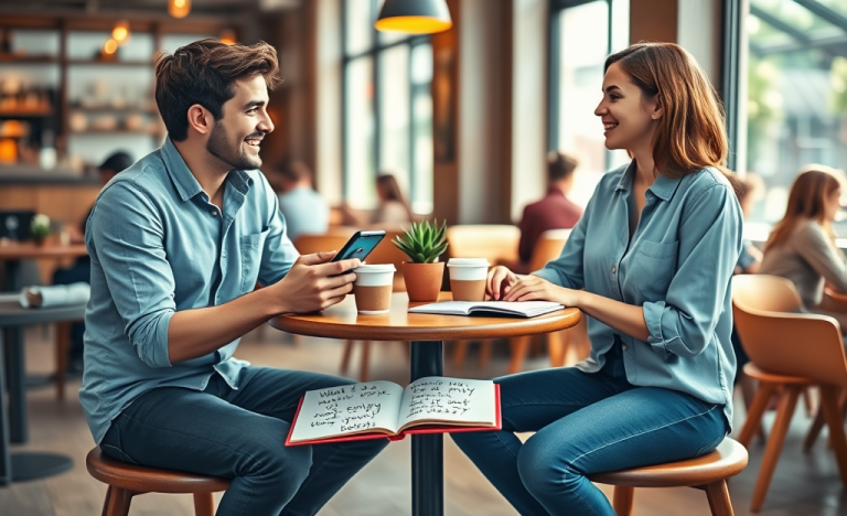 Pareja conversando animadamente en una cafetería moderna con frases para iniciar conversación y captar más interés en apps de citas