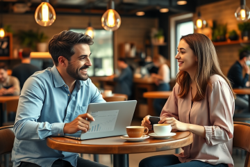 Dos jóvenes profesionales conversando en una cafetería moderna para estrategias de conversación que conectan y venden más