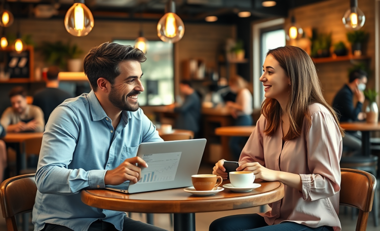 Dos jóvenes profesionales conversando en una cafetería moderna para estrategias de conversación que conectan y venden más