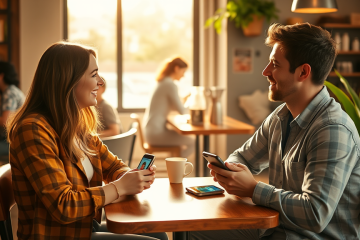 Pareja joven conversando en una cafetería moderna, usando apps de citas para convertir matches en citas reales