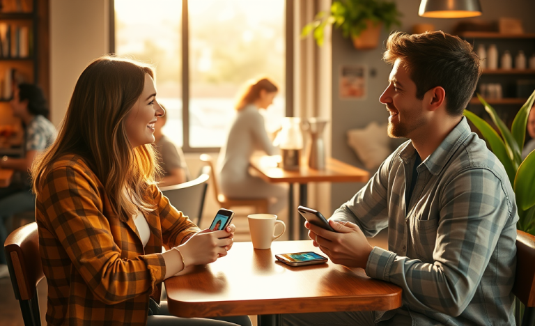 Pareja joven conversando en una cafetería moderna, usando apps de citas para convertir matches en citas reales