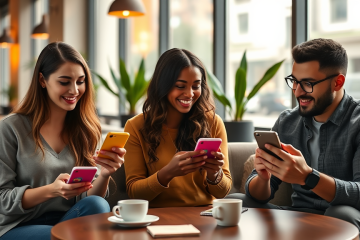 Jóvenes usando smartphones en café moderno enviando mensajes iniciales para conseguir más respuestas en apps de citas