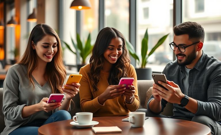 Jóvenes usando smartphones en café moderno enviando mensajes iniciales para conseguir más respuestas en apps de citas