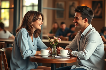 Una pareja conversando atentamente en un café iluminado por luz natural, mostrando conexión y interés en cada conversación.
