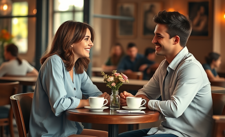 Una pareja conversando atentamente en un café iluminado por luz natural, mostrando conexión y interés en cada conversación.