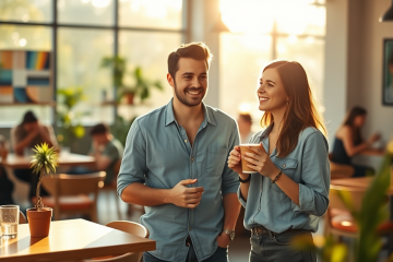 Dos jóvenes conversando animadamente en un café acogedor, demostrando consejos para iniciar conversación y salir del match silencioso