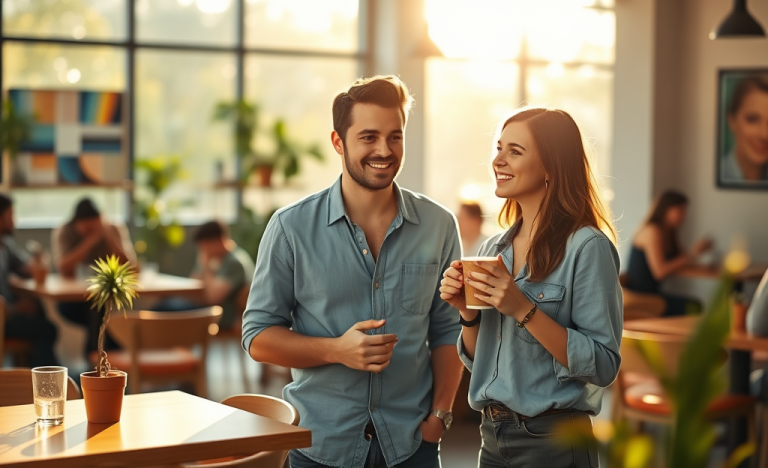 Dos jóvenes conversando animadamente en un café acogedor, demostrando consejos para iniciar conversación y salir del match silencioso