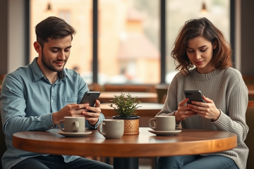 Jóvenes usando apps de citas en café moderno, ilustrando cómo evitar errores y mejorar resultados para encontrar pareja