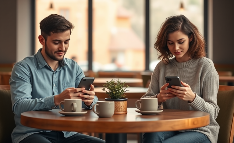 Jóvenes usando apps de citas en café moderno, ilustrando cómo evitar errores y mejorar resultados para encontrar pareja