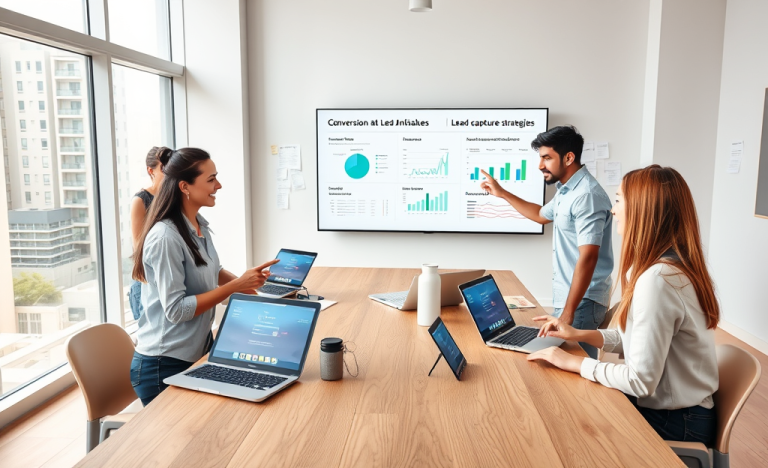 Profesionales jóvenes colaborando en espacio moderno, mejorando captación de leads y conversiones para apps de citas