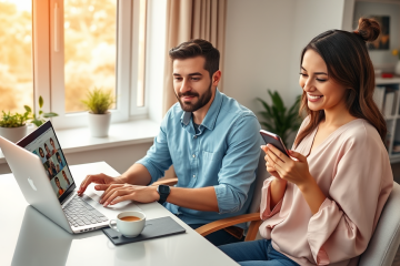 Joven pareja en ambiente moderno mejorando perfiles de citas en laptop y smartphone para conseguir mejores matches