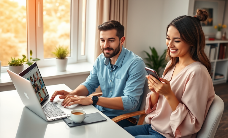Joven pareja en ambiente moderno mejorando perfiles de citas en laptop y smartphone para conseguir mejores matches