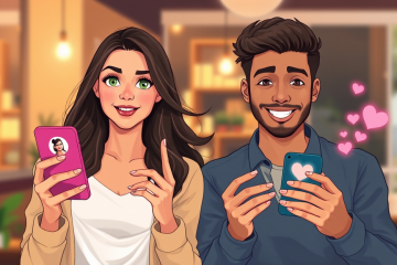 Jóvenes usando apps de citas en teléfonos inteligentes en un café urbano con expresión emocionada para mejorar sus resultados amorosos
