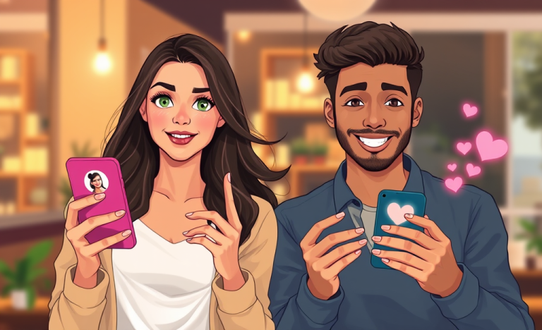 Jóvenes usando apps de citas en teléfonos inteligentes en un café urbano con expresión emocionada para mejorar sus resultados amorosos