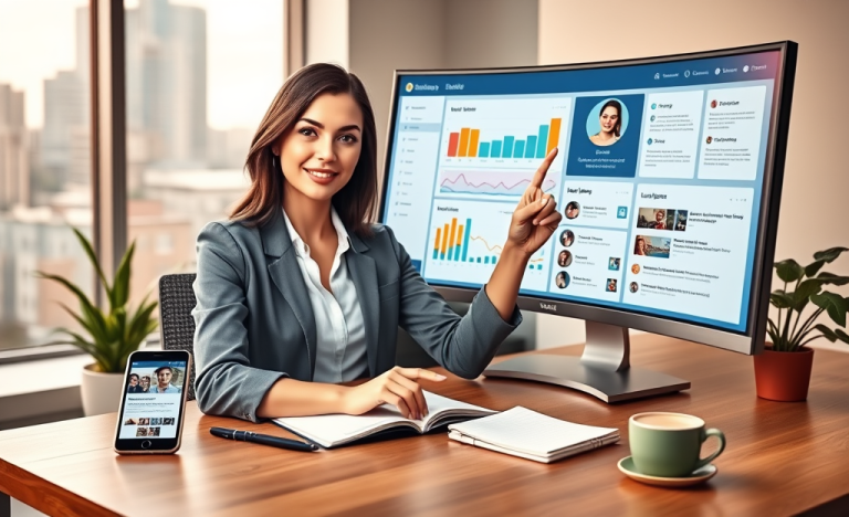 Mujer profesional en oficina moderna optimizando perfil para generar leads y atraer más clientes en consejos sobre el amor