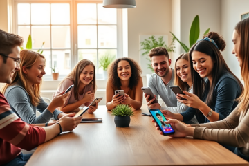 Jóvenes usando aplicaciones de citas en sus teléfonos, conectando y mejorando sus matches en un ambiente moderno y luminoso