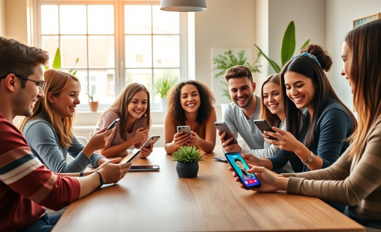 Jóvenes usando aplicaciones de citas en sus teléfonos, conectando y mejorando sus matches en un ambiente moderno y luminoso