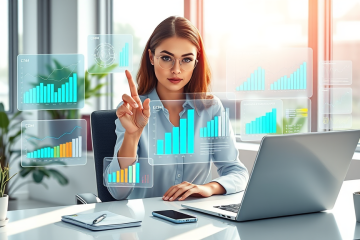 Profesional del marketing digital usando pantallas holográficas en oficina moderna para optimización SEO y mejorar eCPM